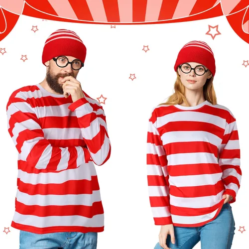 Vista 2 de Hicarer 7 piezas de Halloween Cosplay camisa de rayas rojas y blancas para adultos, hombres y mujeres, disfraces de Halloween, sudadera con gafas