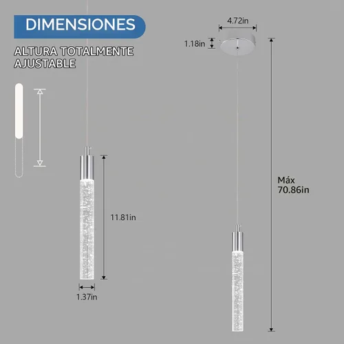 Vista 5 de Iluminación colgante moderna para isla de cocina, lámpara colgante regulable LED con acabado cromado, mini iluminación colgante de cristal para Cromo