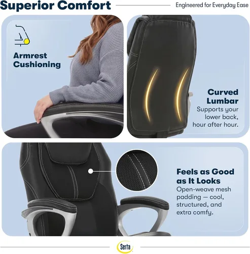 Vista 6 de Silla Serta, Negro Contoured Lumbar Lower Back Support, Back Pain Relief Chair, Adjustable Height and Recline, Work From Home Desk Chair, Black