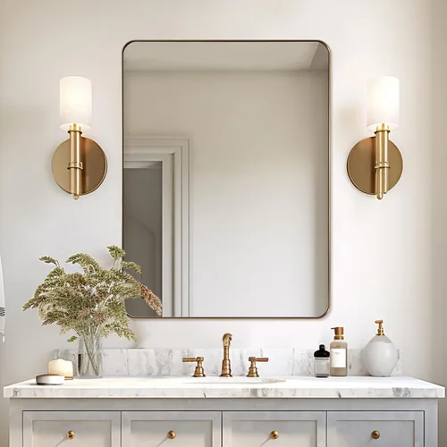 Vista 70 de ANDY STAR Espejo de pared cuadrado para baño, espejo de baño negro mate de 24 x 24 pulgadas, espejo de metal de esquina redondeada en marco de acero