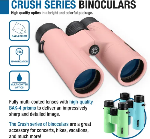 Vista 7 de Barska Crush - Prismáticos 10x42, diseño ligero, compacto y a prueba de golpes en colores brillantes para senderismo, viajes, conciertos, deportes