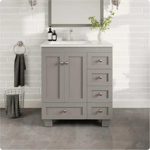 Vista 2 de Eviva Happy - Tocador de baño gris de 30 pulgadas con tapa de cuarzo Carrara y fregadero de porcelana