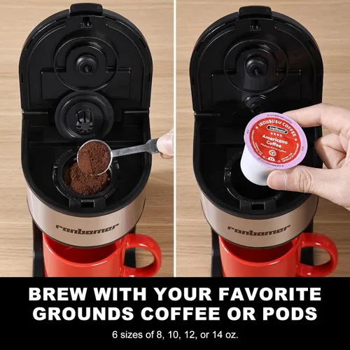 Vista 8 de Ranbomer Cafetera K Cup, cafetera de una sola porción o máquina de café molido 2 en 1, tamaños de preparación de 6 a 14 onzas, mini cafetera de una