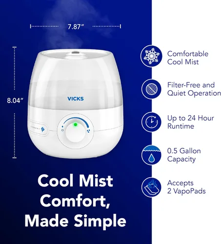 Vista 2 de Vicks Mini humidificador de vapor refrescante sin filtro, para habitación pequeña – Control de niebla variable – Funciona con Vicks VapoPads