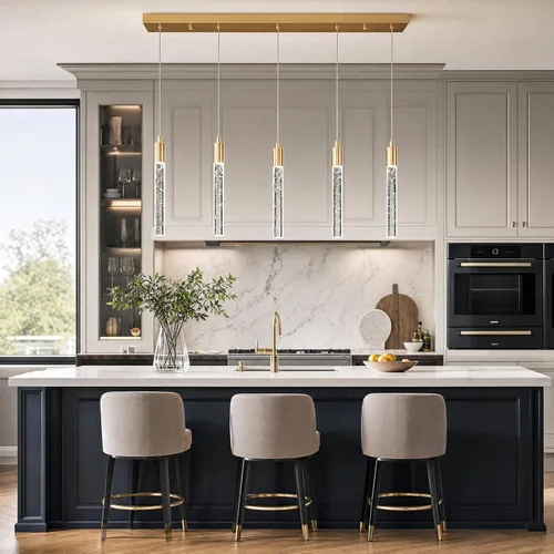 Vista 3 de Iluminación de Isla de Cocina Accesorio de Luz Moderna Lámpara Colgante Dorada Regulable LED Acabado de Latón Mini Luces Colgantes de Cristal