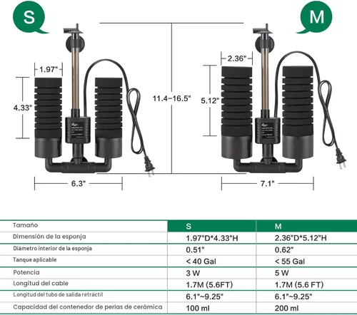 Vista 7 de AQQA Filtro de Esponja Eléctrico para Acuario, Filtro de Espuma Sumergible Silencioso de 3W/5W, Esponjas con Bolas de Medios Cerámicos Bio, Filtro