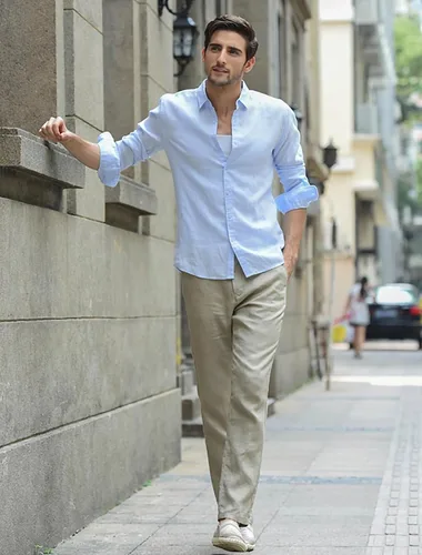Vista 2 de Camisa de lino elástico ligera para hombre, casual, de verano, manga larga, con botones, para playa, de algodón