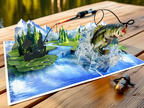 Vista 3 de Tarjeta de felicitación desplegable 3D – Tarjeta de pesca hecha a mano con lubina saltarina y lago escénico – Día del Padre, cumpleaños, jubilación