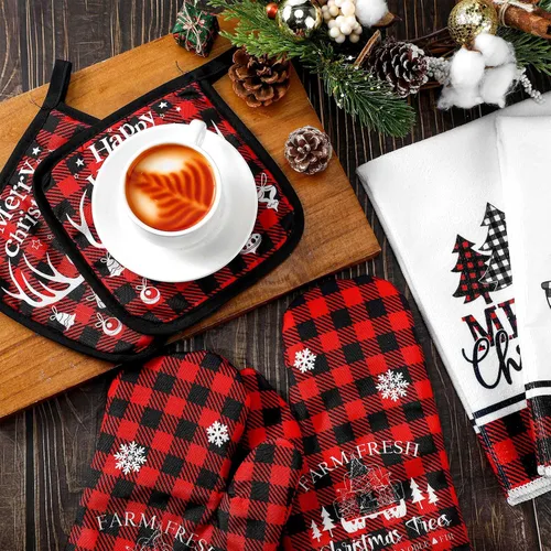 Vista 7 de Bencailor Juego de Cocina Navideño de 6 Piezas Toallas de Cocina con Árbol de Navidad Guantes de Horno y Agarraderas Juego de Paños de Cocina