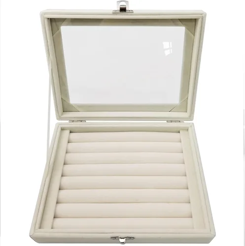 Vista 2 de Caja organizadora de anillos de terciopelo con tapa transparente para mujeres, niñas y adolescentes, joyero pequeño de cristal, color beige