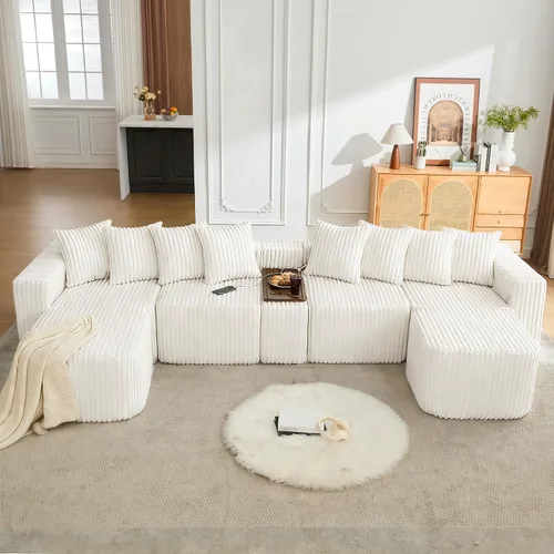 Vista 9 de Sofá seccional de 137.5 pulgadas, sofás modulares sin hueso para sala de estar, cómodo sofá de pana de felpa de asiento profundo, moderno sofá
