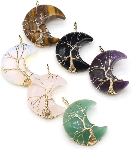 Vista 2 de 4 colgantes de piedra natural, forma de luna, chakra, cristal, ágata, alambre de piedra, tejer, diseño de árbol de la vida para hacer joyas