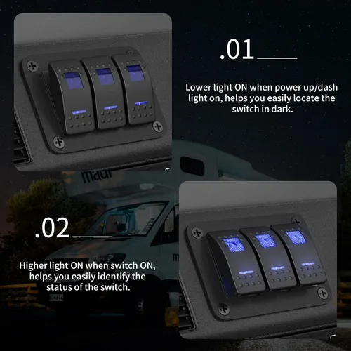 Vista 3 de DaierTek Panel de Interruptor Marino Impermeable 12V Panel de Interruptor Basculante de 3 Bandas Luz LED Azul Interruptor de Palanca Panel