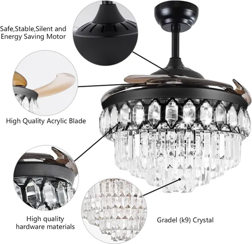 Vista 4 de Ventilador de techo de cristal de 42 pulgadas con aspas retráctiles LED con las cuchillas retráctiles de las luces LED de la lámpara teledirigida