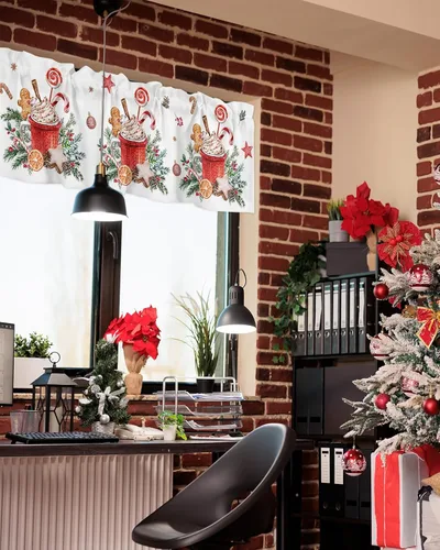 Vista 4 de Cenefas de Navidad para ventanas, con bastón de caramelo de jengibre, cortina de cocina, cenefas de Navidad, bolsillo para barra, cortina de ventana