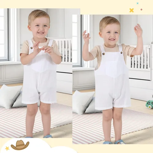 Vista 3 de MBMSHEGH Conjunto de ropa de verano para bebé y niño, con parte superior acanalada y tirantes con botones