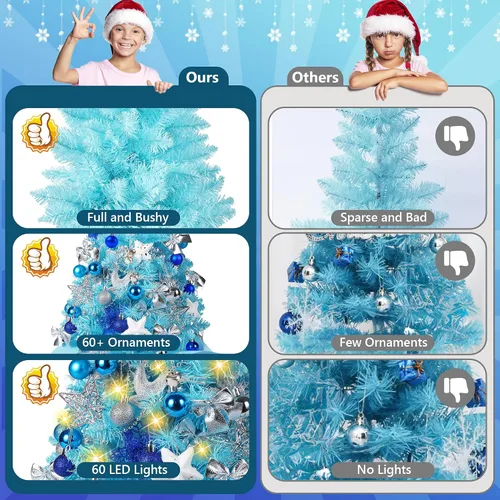 Vista 5 de Árbol de Navidad Mini de 2 pies, árboles de Navidad pequeños de mesa con 60 luces LED, 100 ramas realistas y 66 adornos, árbol de Navidad
