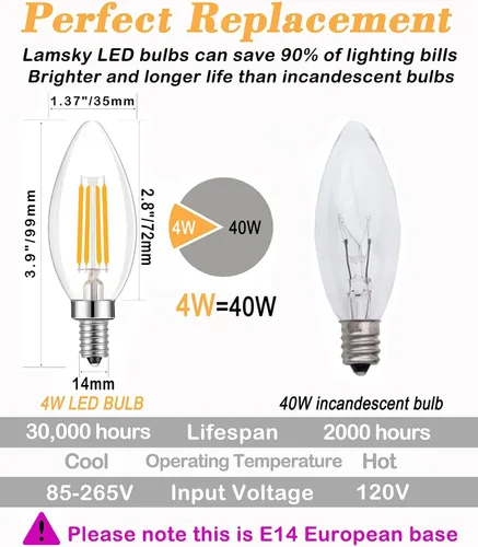 Vista 4 de Bombilla LED E14 con base europea de 4 W, bombillas LED regulables equivalentes a 40 W, 110 V 4000 K blanco neutro, bombilla decorativa de vidrio