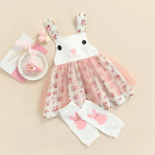 Vista 2 de Conjunto de vestido de Pascua para bebé y niña, diseño de conejito halter, de malla, calentadores de piernas