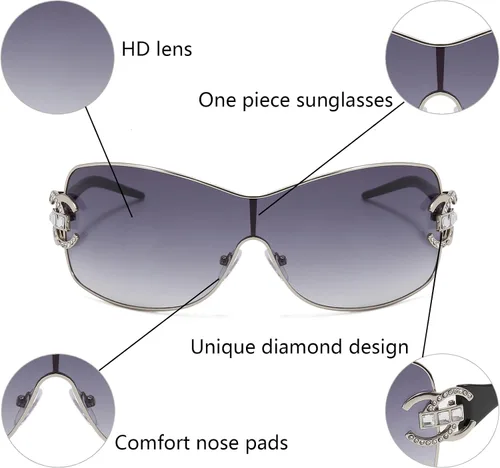 Vista 5 de Gafas de sol Y2K envolventes para mujeres y hombres, marco grande de una pieza, lentes degradados con diseño de escudo de moda