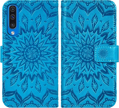 Vista 4 de Funda de teléfono para Samsung Galaxy A50 con protector de pantalla de vidrio templado, funda magnética de cuero, soporte para tarjetas, accesorios