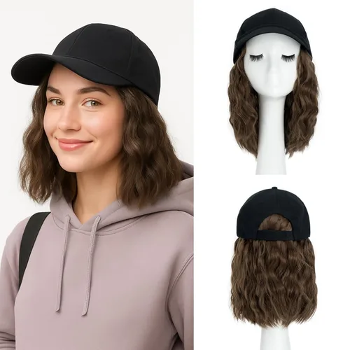 Vista 37 de SEGO - Peluca de gorra con pelo adjunto para mujer, gorra negra de béisbol con extensiones de pelo, gorra de béisbol larga y ondulada con ajuste