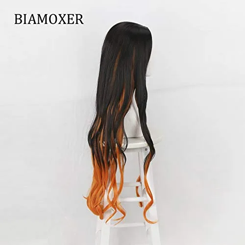 Vista 3 de Peluca de cosplay de 37.4in Nezuko Kamado Cosplay Pelucas Anime Demon Slayer Kimetsu no Yaiba Peluca de pelo largo degradado Cosplay