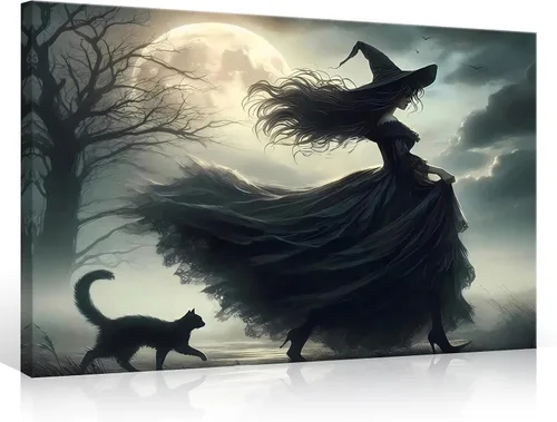 Vista 8 de Lienzo enmarcado negro para pared, póster de Halloween Dark Academia, pintura de gato negro, fantasma en la bañera, imágenes góticas de terror