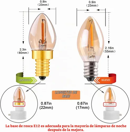 Vista 3 de Bombilla nocturna LED C7, base de vela estilo Edison clásico E12, bombilla de filamento LED de 0.5 W, bombilla de repuesto de luz de letrero