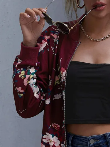 Vista 4 de Romwe Chaqueta bomber ligera con cremallera y estampado floral para mujer