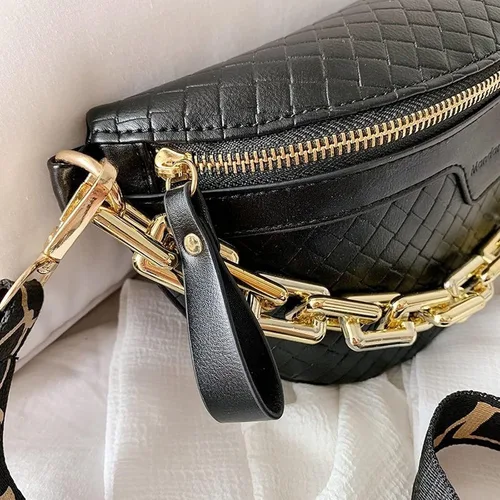 Vista 5 de Riñonera de cadena gruesa para mujer, bolso de cintura de cuero a cuadros, bolso cruzado de hombro, bolsos de pecho de lujo, bolsos de diseñador