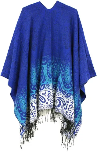 Vista 2 de Poncho con flecos, con estampado vintage, estilo retro, a la moda, para mujer. Capa, chal.
