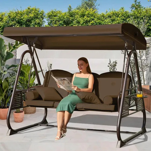 Vista 31 de Columpio de porche para exteriores 3 en 1 con toldo ajustable, columpio de 3 asientos para adultos, columpio de patio con cojines gruesos, almohadas