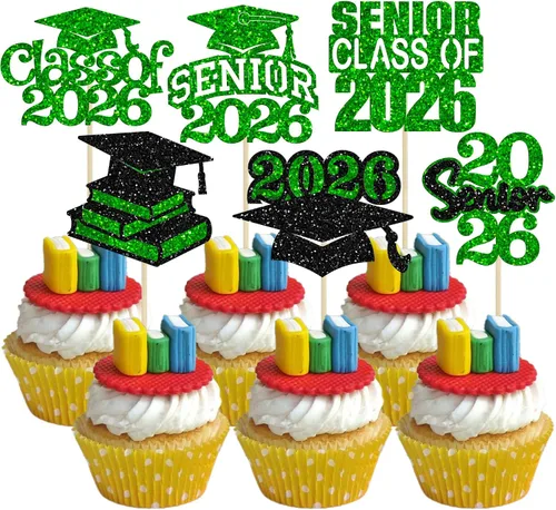 Vista 10 de Paquete de 24 adornos para cupcakes de clase 2026 con purpurina 2026 Felicidades Graduación Diploma Done Cupcake Picks 2026 Graduación Temática