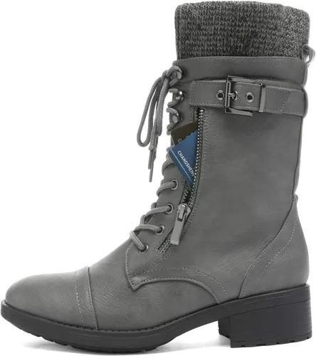 Vista 2 de DREAM PAIRS Botas militares de invierno con cordones a media pantorrilla para mujer