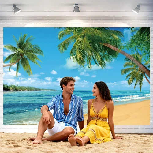 Vista 6 de Fondo de playa Hawaii Ocean Wall Banner de fondo de fotografía junto al mar para el hogar al aire libre, fiesta de cumpleaños, suministros