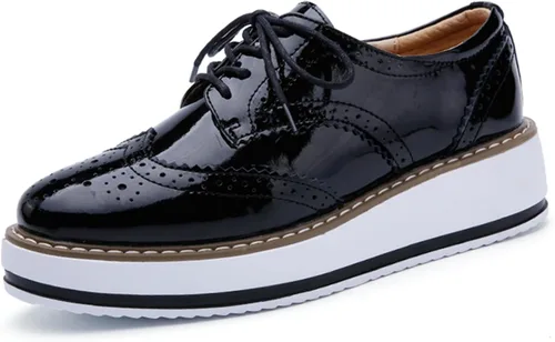 Vista 15 de DADAWEN - Zapatos con cintas tipo Oxford, con plataforma, para mujer, punta cuadrada Albaricoque