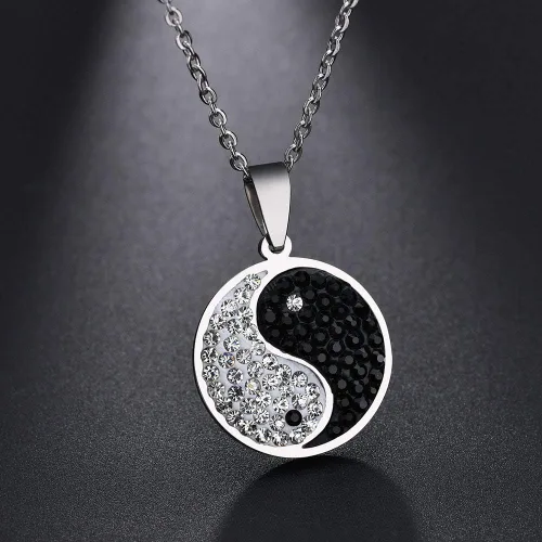 Vista 2 de Yin Yang collar quirúrgico de acero inoxidable chino Taiji Bagua joyería con diamante ocho diagramas, Metal, Circonia cúbica