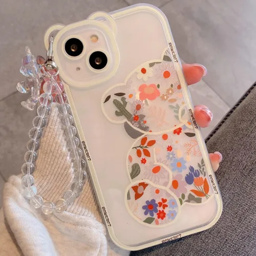 Vista 7 de Funda compatible con iPhone 8 Plus, bonito protector de cámara con diseño de oso de flores transparentes con bonita correa y cadena para niñas