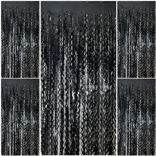Vista 13 de Telón de fondo negro para decoraciones de fiesta, cortina de flecos de papel de aluminio ondulado, telón de fondo de fotos, cortina de oropel