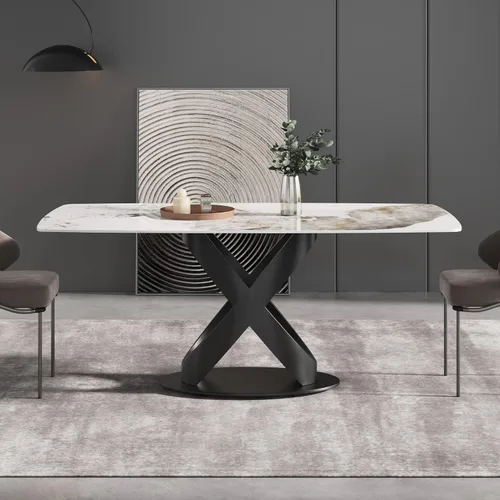 Vista 7 de Mesa de comedor moderna, mesa de piedra sinterizada blanca antigua con base de acero al carbono sólido en forma de X negra, mesa de comedor Blanco