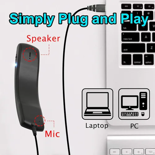 Vista 2 de Auricular USB portátil con cable Plug and Play con cable largo de 6.6 ft para softphone ligero 2.75 oz, Retro, control de volumen, silencio