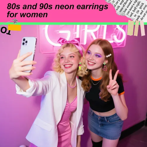 Vista 6 de 2 pares de aretes de neón de los años 80 y 90 para mujer, acrílico retro corazón y rayo, aretes colgantes de neón para fiestas temáticas de los años
