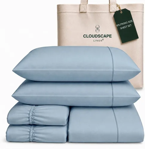 Vista 67 de Cloud Scape Linen - Juego de sábanas de algodón egipcio de doble capa, tamaño individual, tejido de satén de fibra larga, juego de 3 piezas, ropa