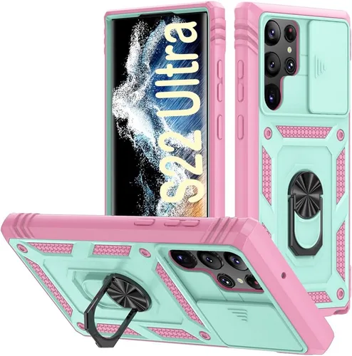 Vista 213 de PASNEW Funda militar para iPhone 13 Pro Max, cubierta de cámara deslizante y soporte de anillo de metal de 360°, carcasa rígida multicapa resistente