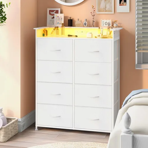 Vista 10 de Cómoda de tela para dormitorio con luz LED y estación de carga, cómoda alta con 8 cajones, cómoda negra y cómoda para armario, sala de estar