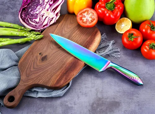 Vista 4 de WELLSTAR Cuchillo de chef de 8 pulgadas, hoja de acero alemán afilada y cómodo mango de protección de dedos con revestimiento de titanio arcoíris