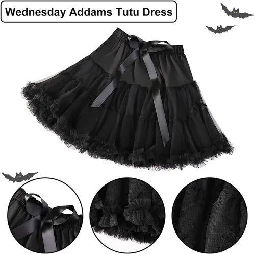Vista 4 de Wednesday Addams - Vestido de disfraz para niños y niñas, cosplay, fiesta de Halloween, conjunto de disfraces con aretes y calcetines