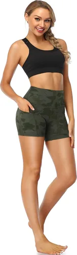 Vista 6 de Oalka Pantalones cortos de yoga para mujer, con bolsillos laterales, cintura alta, para entrenamiento, correr, deportes, 4 pulgadas