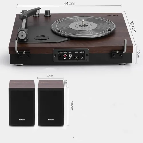 Vista 8 de Tocadiscos, tocadiscos de 3 velocidades con dos altavoces externos de 15 W, entrada Bluetooth, entrada auxiliar, reproducción USB y grabación